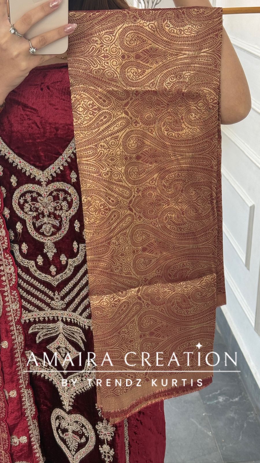 Premium Micro Velvet Marron Unstitched Suit With Brocade Bottom