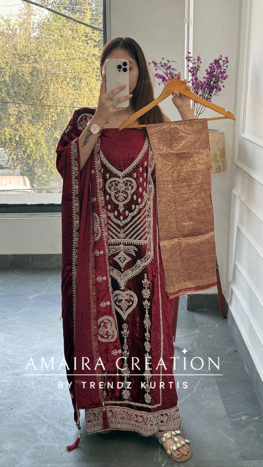 Premium Micro Velvet Marron Unstitched Suit With Brocade Bottom