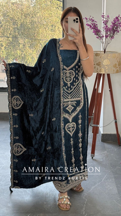 Premium Micro Velvet Blue Unstitched Suit With Brocade Bottom