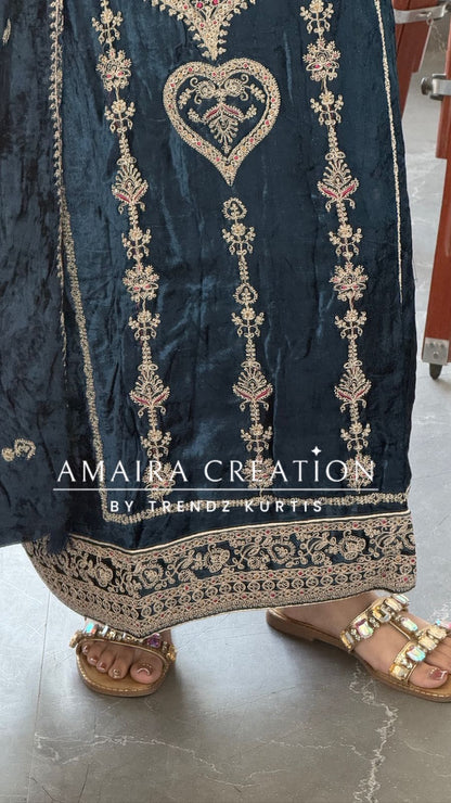 Premium Micro Velvet Blue Unstitched Suit With Brocade Bottom