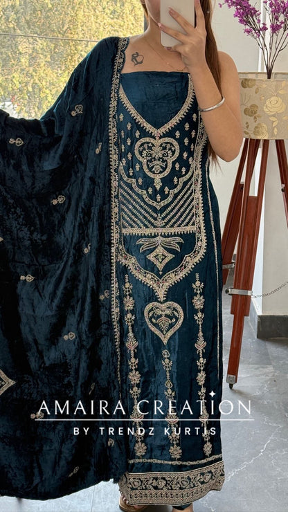 Premium Micro Velvet Blue Unstitched Suit With Brocade Bottom