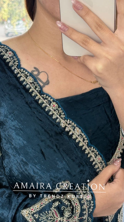 Premium Micro Velvet Blue Unstitched Suit With Brocade Bottom