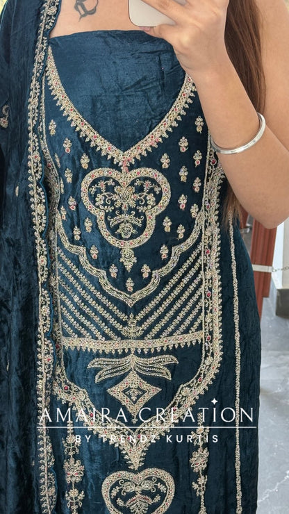 Premium Micro Velvet Blue Unstitched Suit With Brocade Bottom