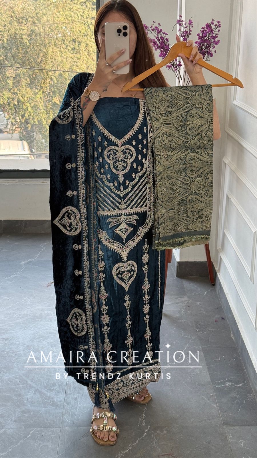 Premium Micro Velvet Blue Unstitched Suit With Brocade Bottom