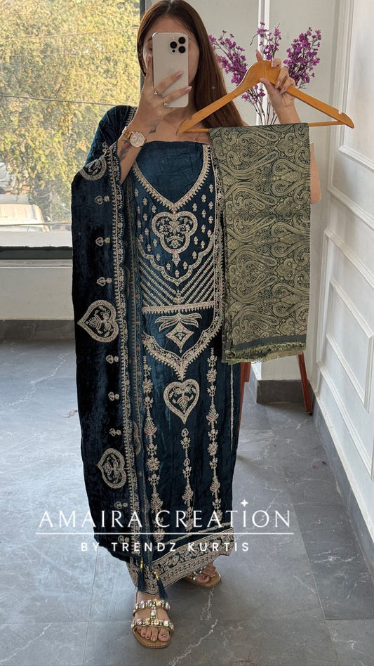 Premium Micro Velvet Blue Unstitched Suit With Brocade Bottom