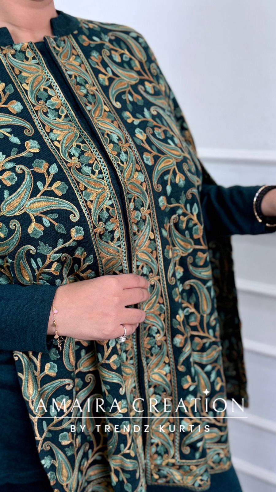 Premium Teal Green Woolen Kashmiri Work Cape Pattern Cord Set