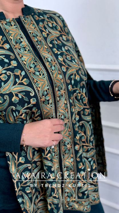 Premium Teal Green Woolen Kashmiri Work Cape Pattern Cord Set