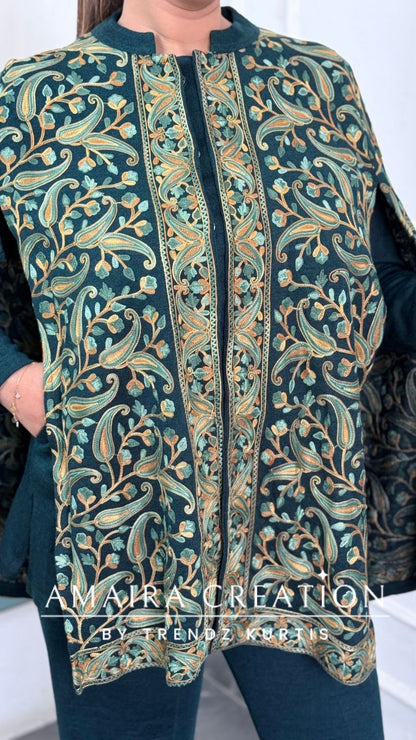Premium Teal Green Woolen Kashmiri Work Cape Pattern Cord Set