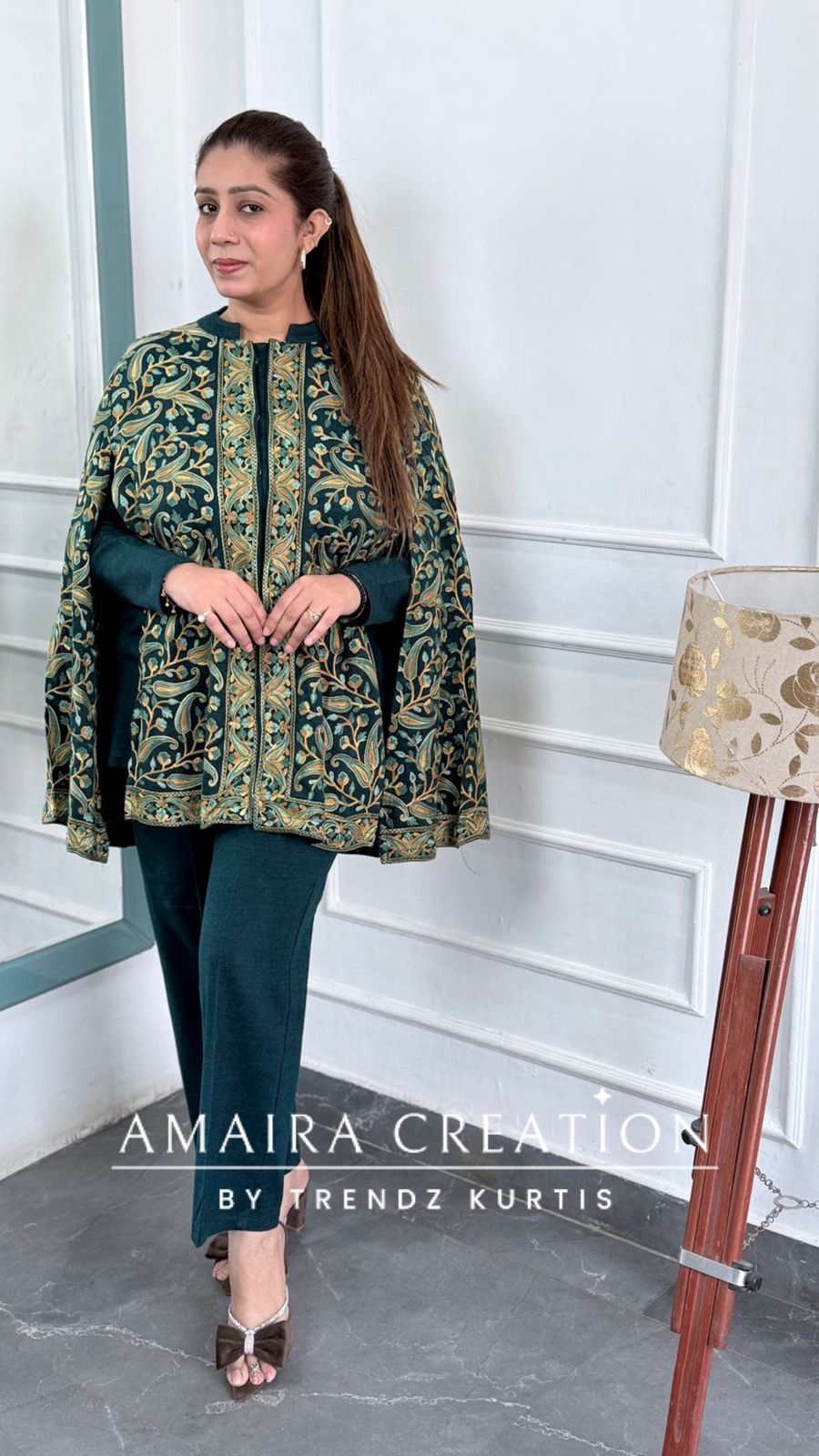 Premium Teal Green Woolen Kashmiri Work Cape Pattern Cord Set