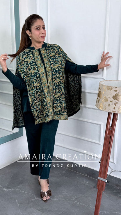 Premium Teal Green Woolen Kashmiri Work Cape Pattern Cord Set