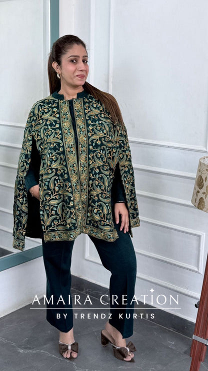Premium Teal Green Woolen Kashmiri Work Cape Pattern Cord Set