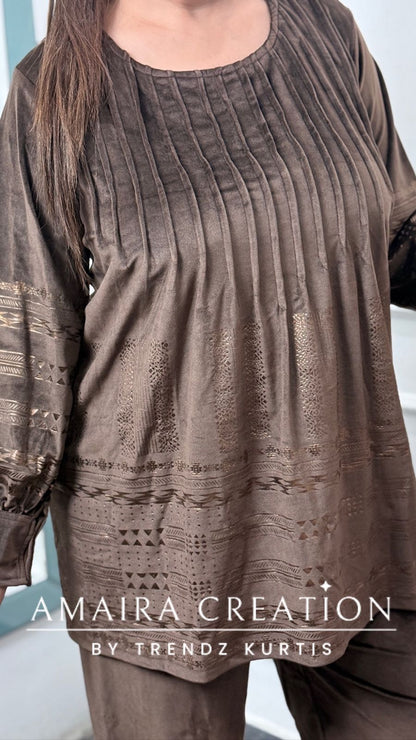 Premium Velvet Brown Color Pintuck Afghani Pant Cord Set