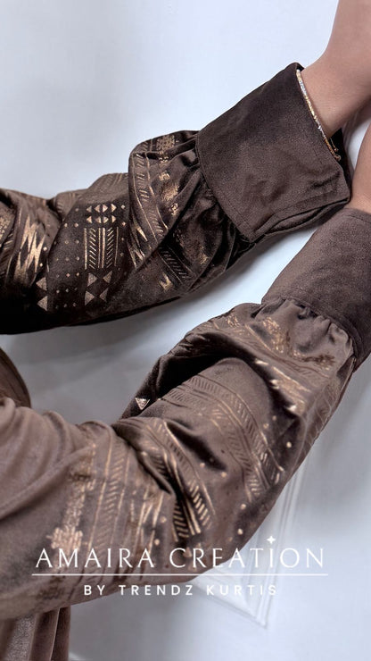 Premium Velvet Brown Color Pintuck Afghani Pant Cord Set