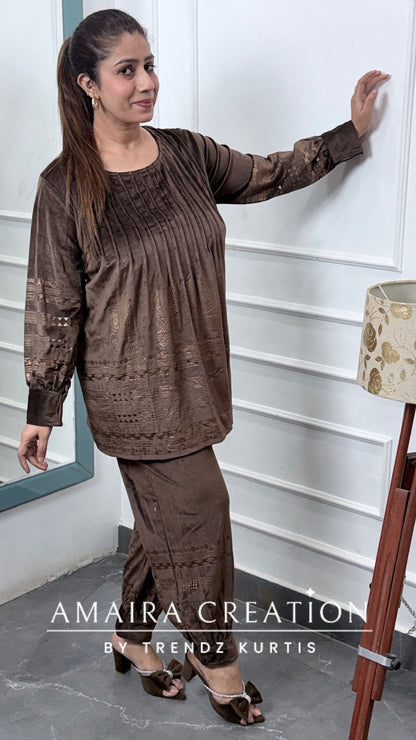 Premium Velvet Brown Color Pintuck Afghani Pant Cord Set