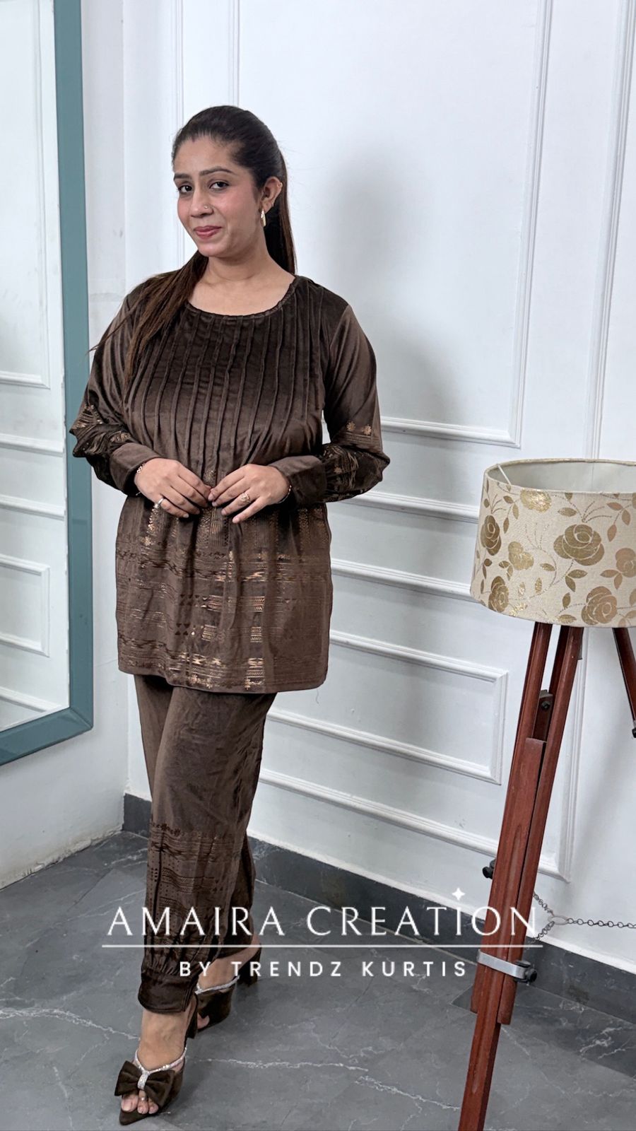 Premium Velvet Brown Color Pintuck Afghani Pant Cord Set