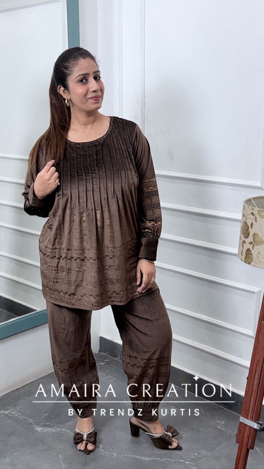 Premium Velvet Brown Color Pintuck Afghani Pant Cord Set