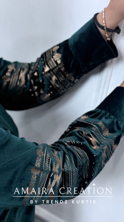 Premium Velvet Peacock Green Color Pintuck Afghani Pant Cord Set