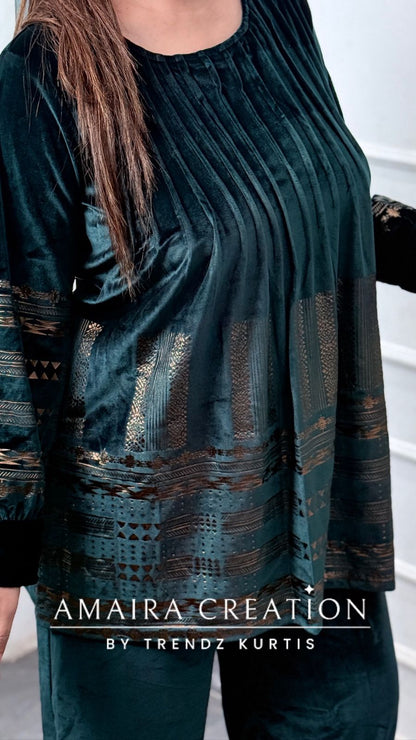 Premium Velvet Peacock Green Color Pintuck Afghani Pant Cord Set