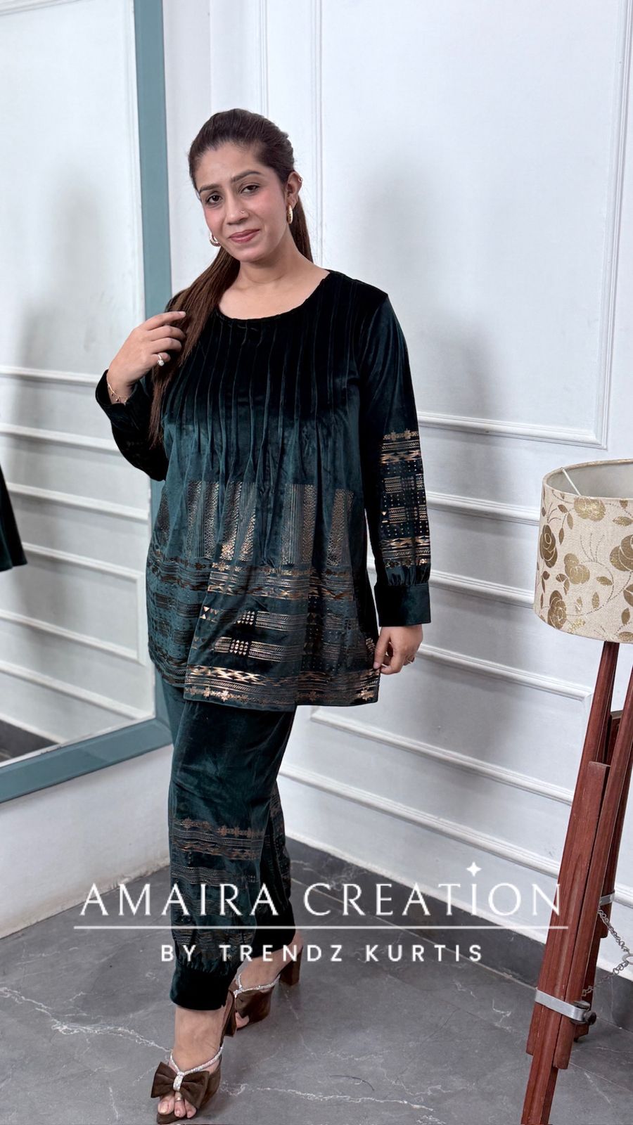 Premium Velvet Peacock Green Color Pintuck Afghani Pant Cord Set