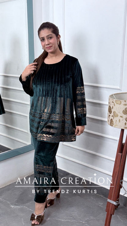 Premium Velvet Peacock Green Color Pintuck Afghani Pant Cord Set