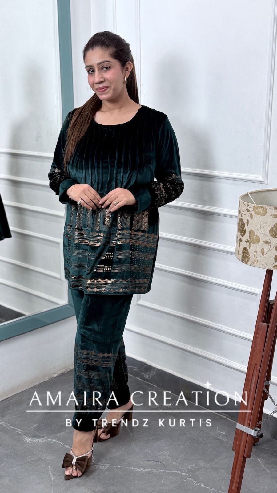 Premium Velvet Peacock Green Color Pintuck Afghani Pant Cord Set