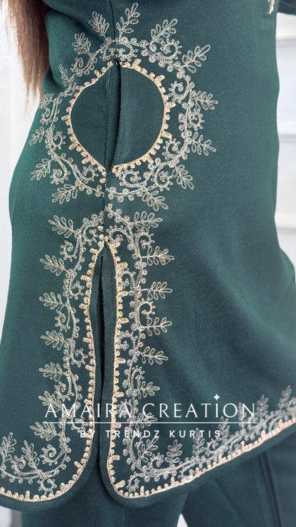 Premium Woolen Embroidered Peacock Green Farsi Salwar Cord Set