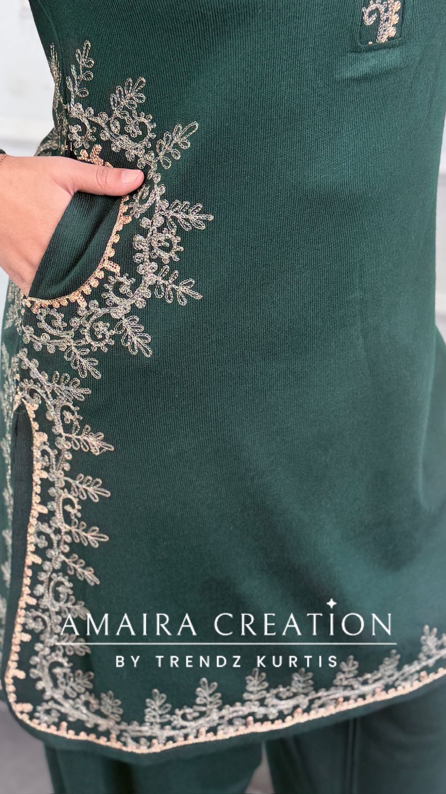 Premium Woolen Embroidered Peacock Green Farsi Salwar Cord Set