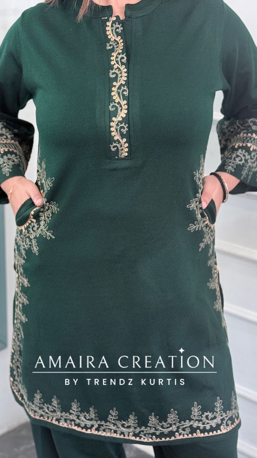 Premium Woolen Embroidered Peacock Green Farsi Salwar Cord Set