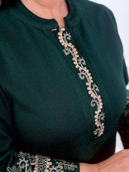 Premium Woolen Embroidered Peacock Green Farsi Salwar Cord Set