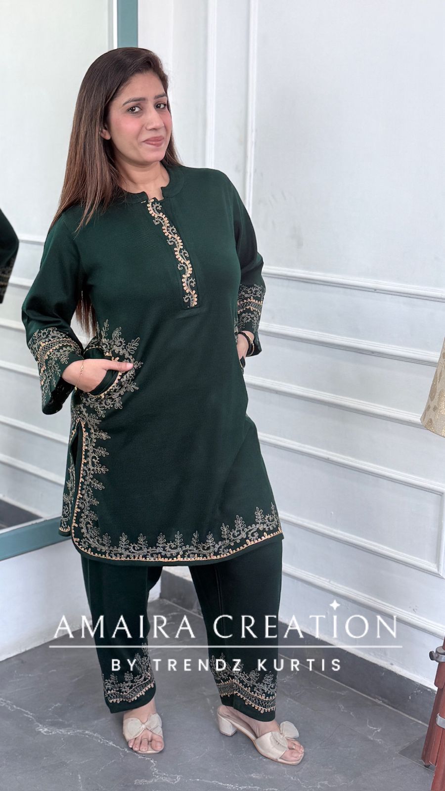 Premium Woolen Embroidered Peacock Green Farsi Salwar Cord Set