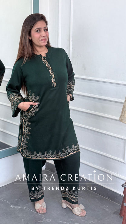 Premium Woolen Embroidered Peacock Green Farsi Salwar Cord Set