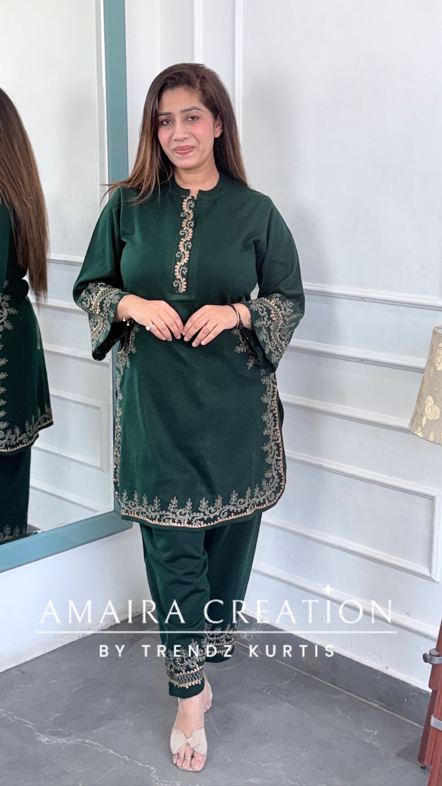 Premium Woolen Embroidered Peacock Green Farsi Salwar Cord Set