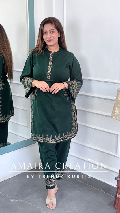 Premium Woolen Embroidered Peacock Green Farsi Salwar Cord Set