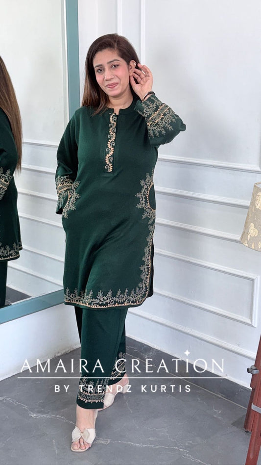 Premium Woolen Embroidered Peacock Green Farsi Salwar Cord Set