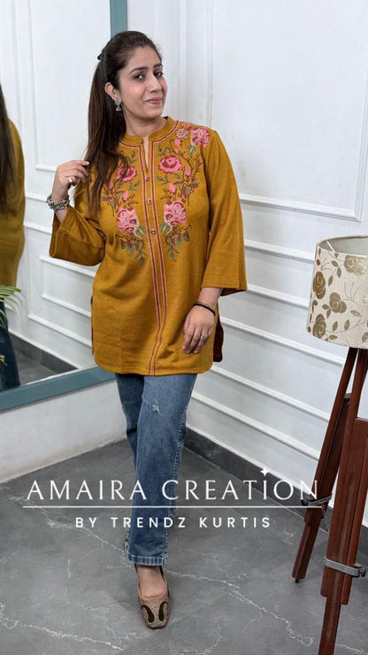 Premium Wool Mustard Thread Embroidered Short Kurti