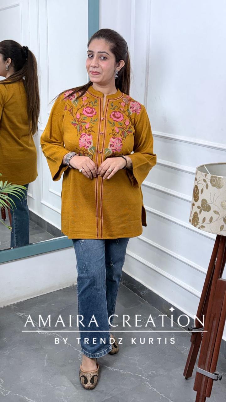 Premium Wool Mustard Thread Embroidered Short Kurti