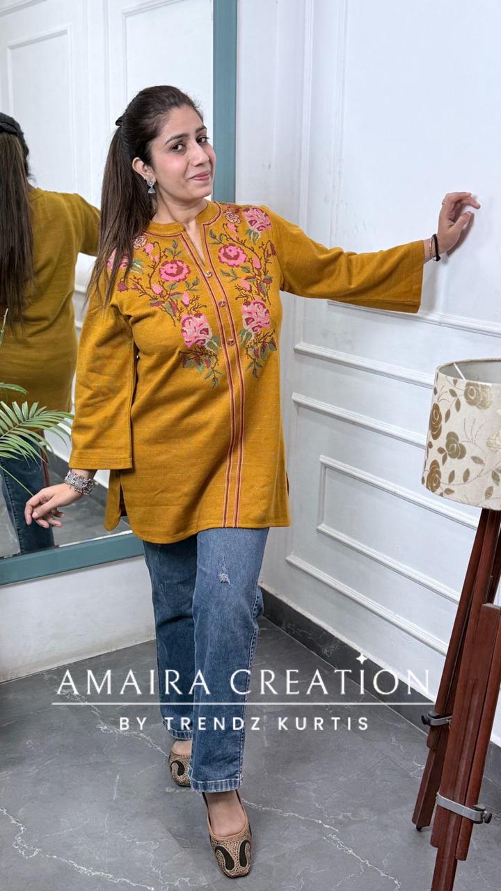 Premium Wool Mustard Thread Embroidered Short Kurti
