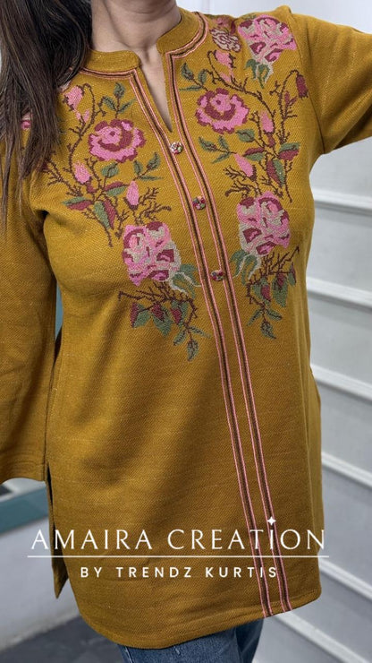 Premium Wool Mustard Thread Embroidered Short Kurti