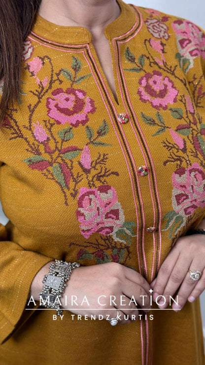 Premium Wool Mustard Thread Embroidered Short Kurti