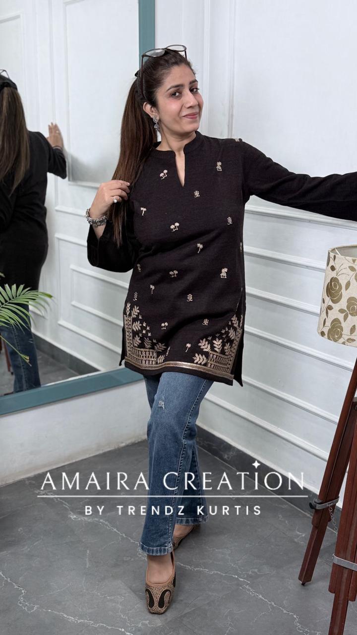 Premium Woolen Falsa Colour Embroidered Short Kurti