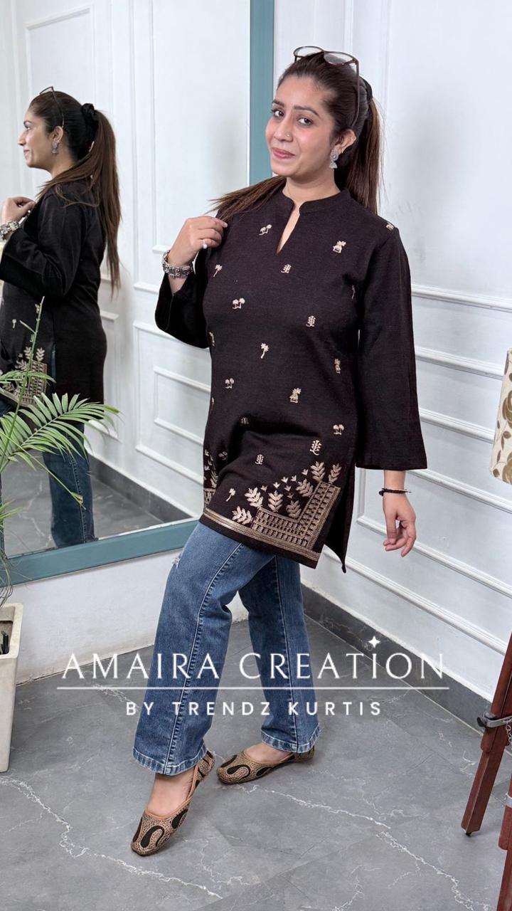 Premium Woolen Falsa Colour Embroidered Short Kurti