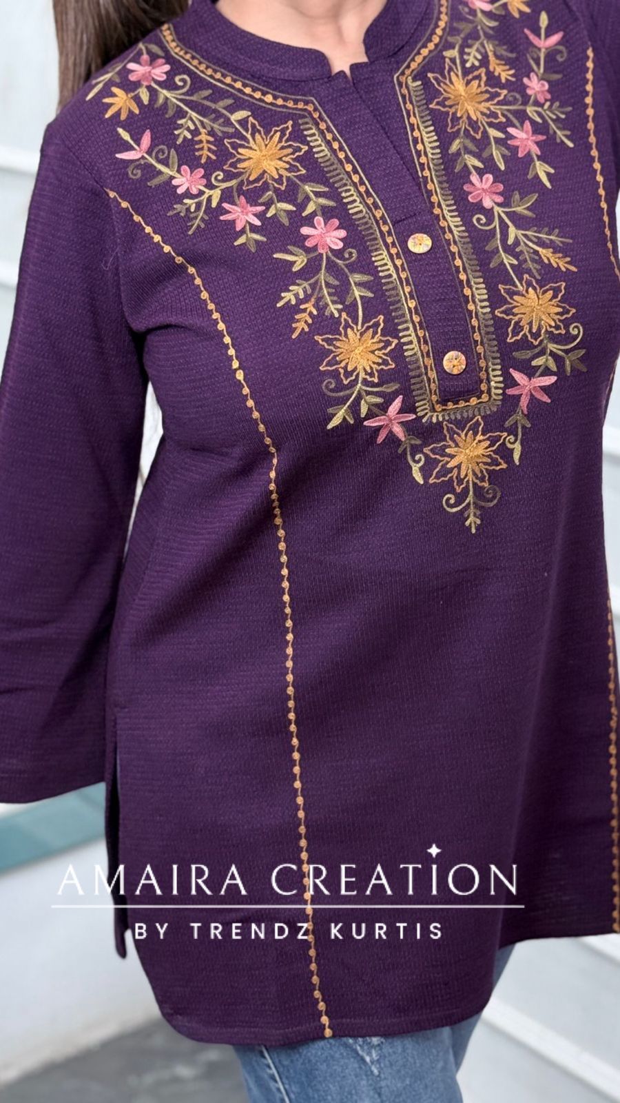 Premium Wool Purple Thread Embroidered Short Kurti
