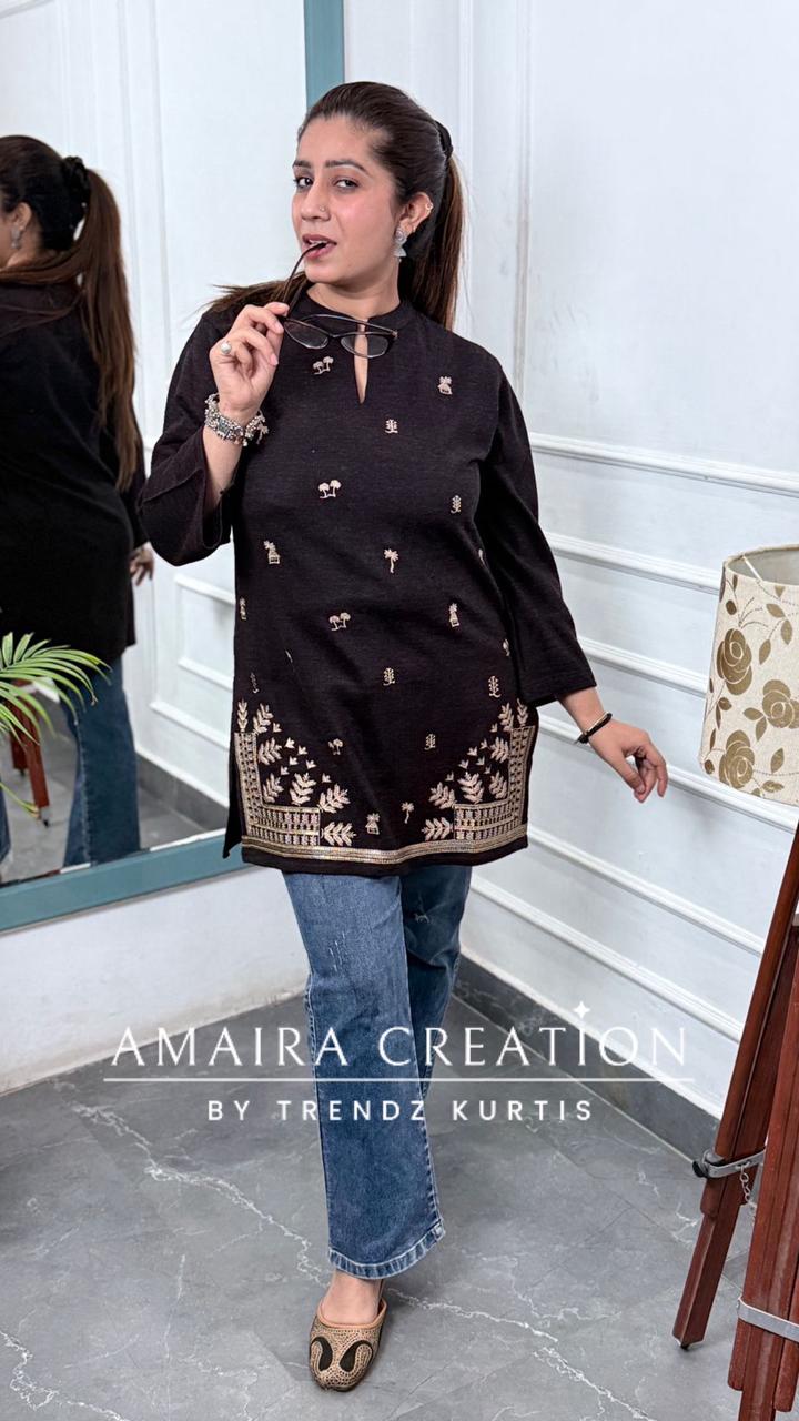 Premium Woolen Falsa Colour Embroidered Short Kurti