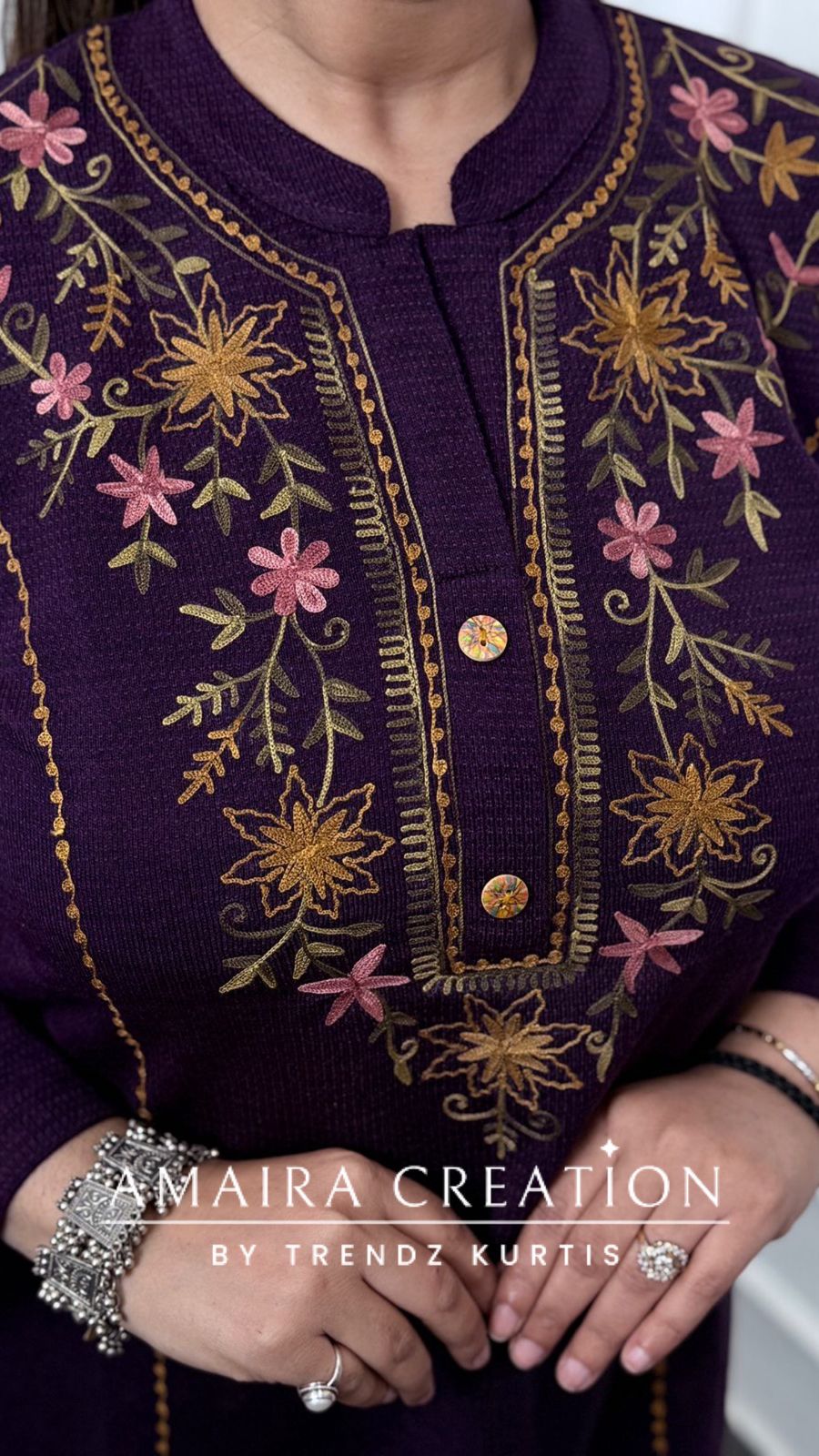 Premium Wool Purple Thread Embroidered Short Kurti