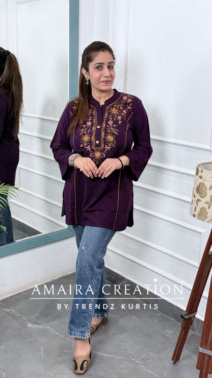 Premium Wool Purple Thread Embroidered Short Kurti