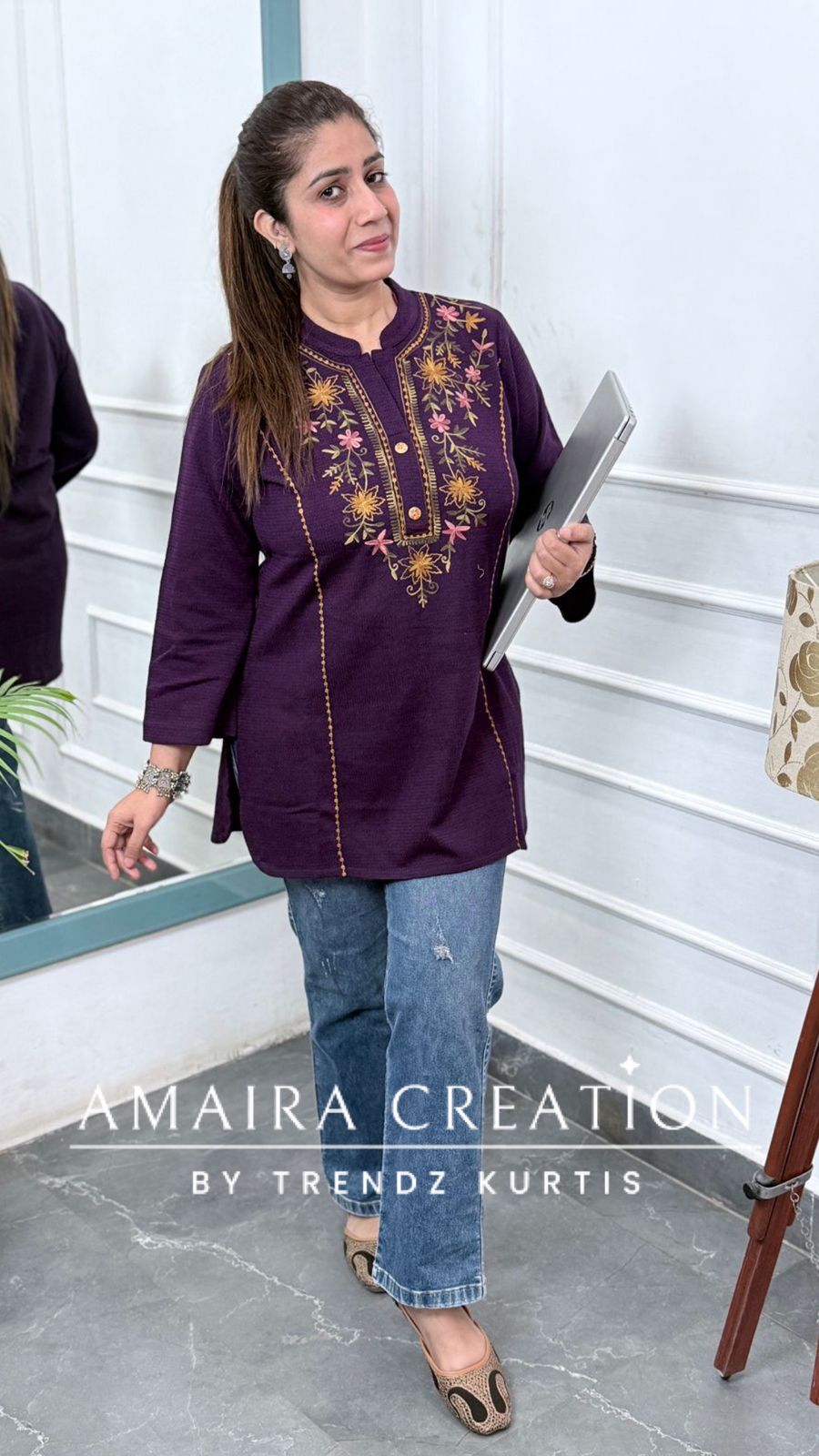 Premium Wool Purple Thread Embroidered Short Kurti