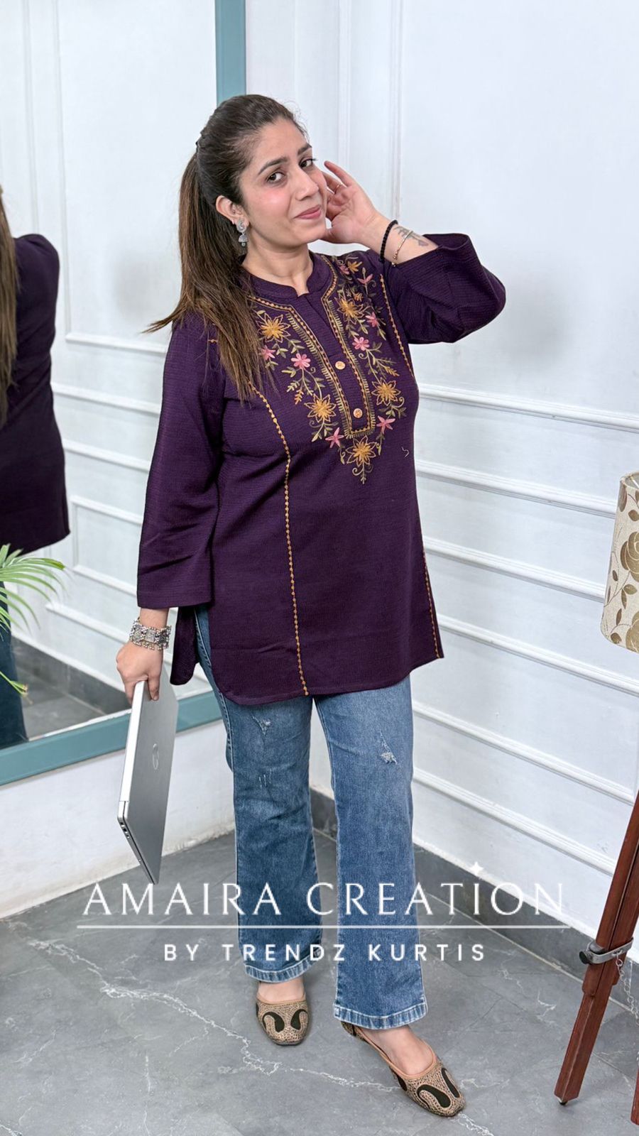 Premium Wool Purple Thread Embroidered Short Kurti