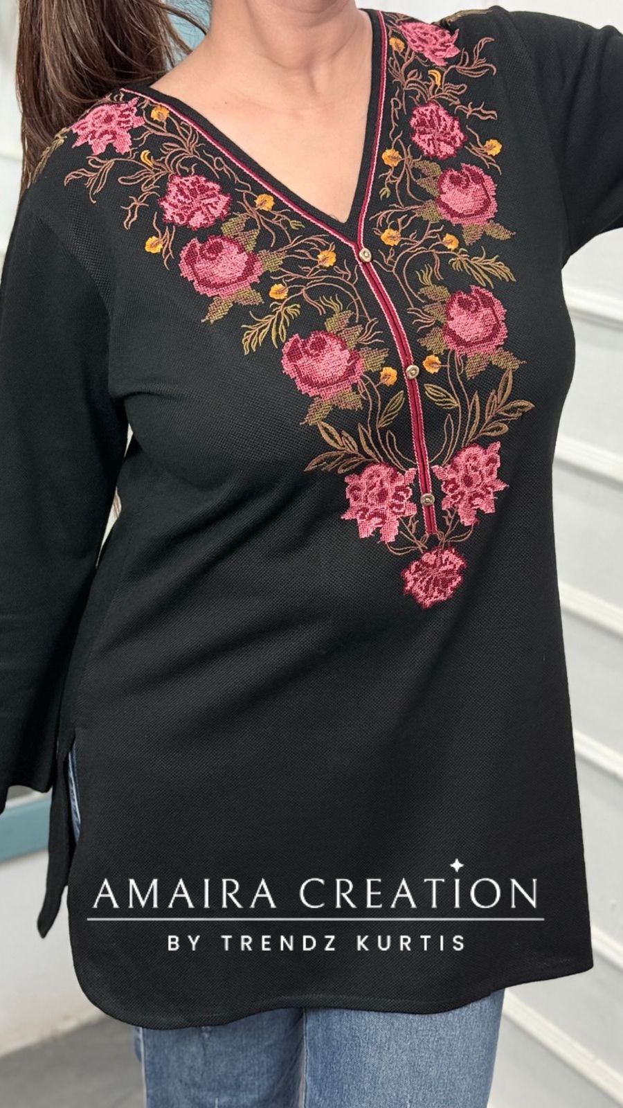 Premium Wool Black Thread Embroidered Short Kurti