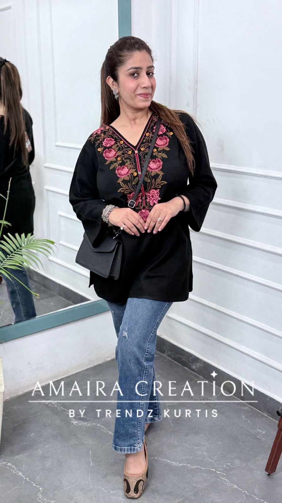 Premium Wool Black Thread Embroidered Short Kurti