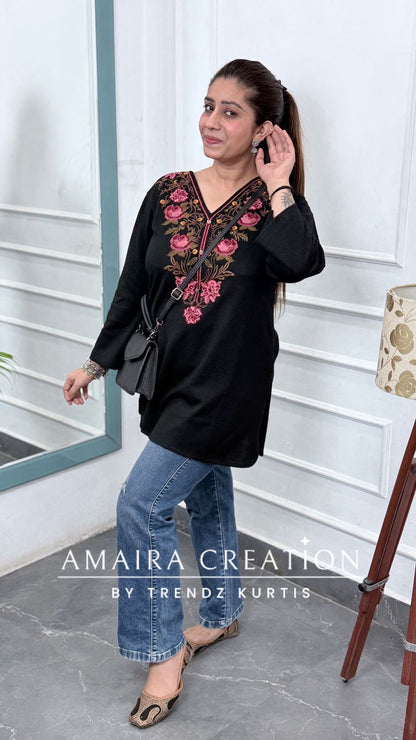 Premium Wool Black Thread Embroidered Short Kurti